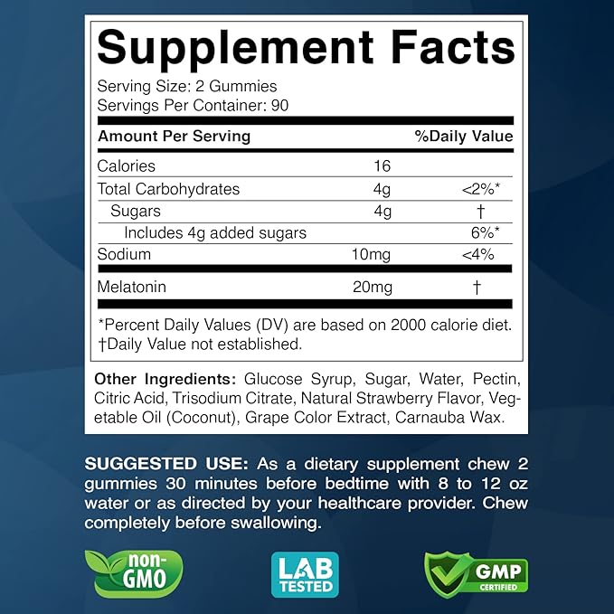 Melatonin 20mg Gummies - 180 Count - Drug Free - Natural Strawberry Flavor - Vegetarian, Non-GMO, Gluten Free (3 Bottles)