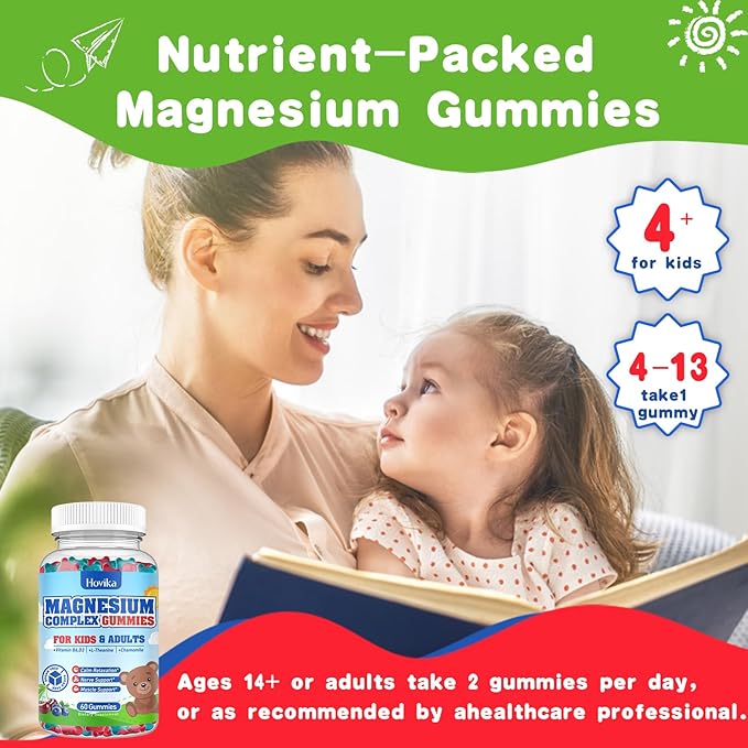 Kids Magnesium Gummies - Magnesium Glycinate Citrate Chewable Supplement with Vitamin B6, D3, Passion Flower, L-theanine - Sugar Free Calm Magnesium for Kids & Adults Sleep, Mood, Relaxation, 60 Chews