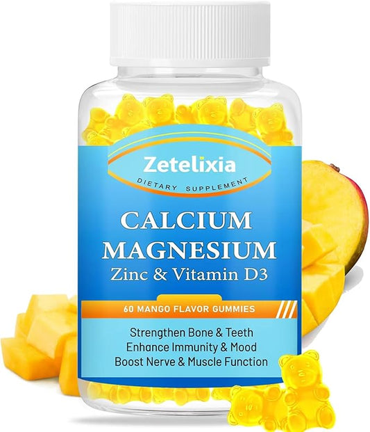 Calcium Magnesium Zinc Gummies for Adults & Kids,Sugar Free Calcium Citrate Supplement,High Absorption Magnesium Glycinate Gummies with Vitamin D3 & K2 - Bone & Muscle & Immune Health(60 Count)