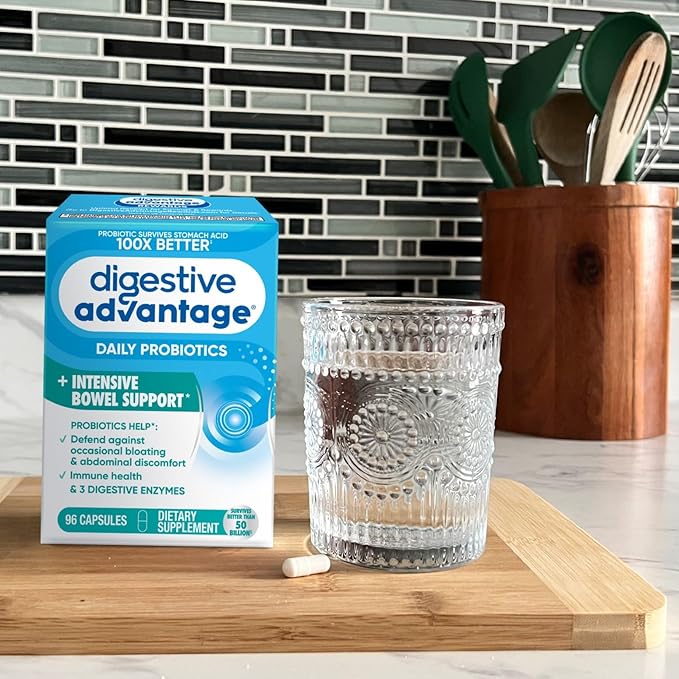 Digestive Advantage IBS Daily Probiotic Capsules for Digestive Health & Gut Health, Probiotics for Men and Women (96 Count Box) - Digestible Enzymes