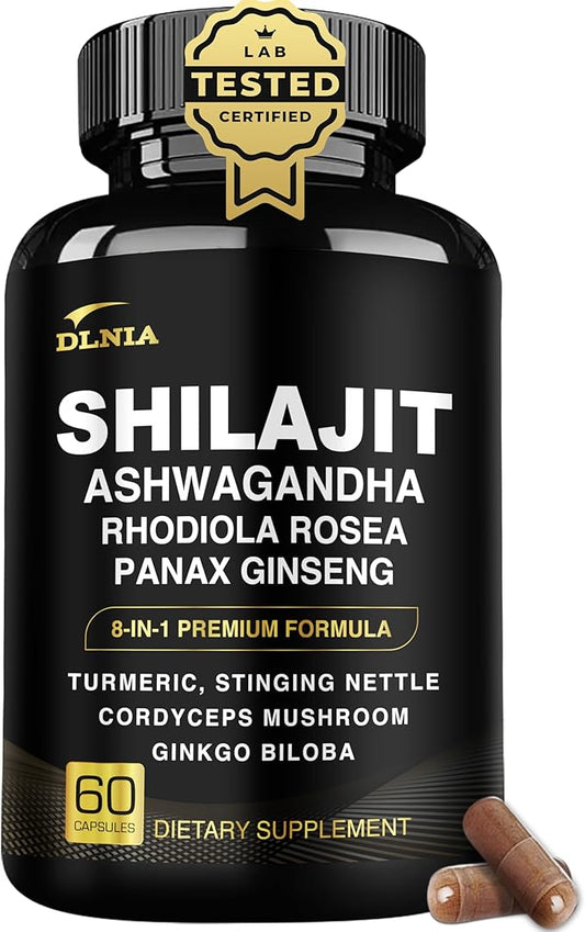 8-in-1 Shilajit for Men with Ashwaganda Himalayan Organic Supplement with Rhodiola Rosea, Ginseng, Turmeric, Mushroom Extract, for Immune Support, Energy, Calm, Focus, Clarity, Sleep, Cortisol