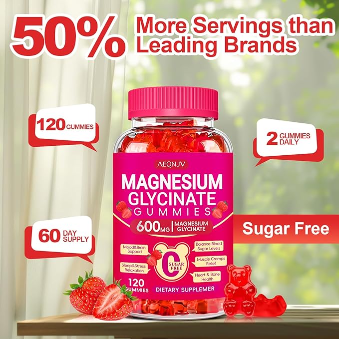 Magnesium Glycinate Gummies 600mg, Chewable Sugar Free Gummies with Magnesium Glycinate, Vitamin D, B6 and CoQ10 for Sleep, Relaxation, Brain and Muscle, 2 Pack