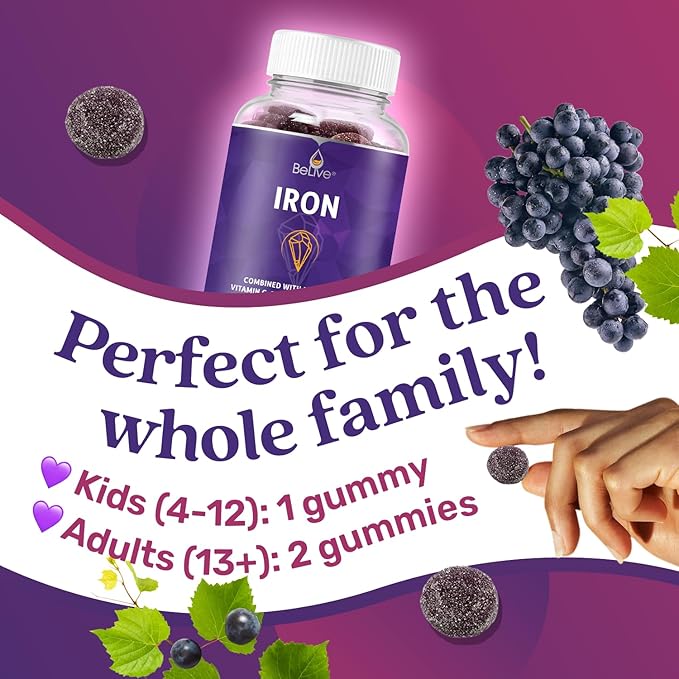 BeLive Iron Gummies - Multivitamin Supplement with Vitamin C, A, B & Zinc, Supports Blood Oxygen, Vegan Iron Supplements for Women, Men & Kids for Growth and Development - Grape Flavor | 1-Pack