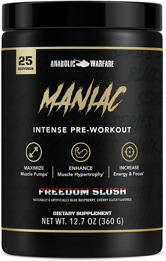 Anabolic Warfare Black Series Maniac, Pre-Workout Powder, Supports Nitric Oxide, Increase Muscle Pumps, Support Protein Synthesis*, Freedom Slush 20 Servings
