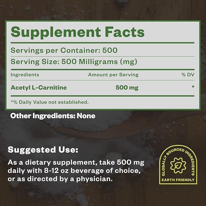 Acetyl L-Carnitine Powder, 250g, ALCAR Powder, Amino Acid Supplement, Acetyl L-Carnitine Supplement for Better Cognitive Performance and Muscular Endurance, Gluten Free, Non-GMO, 500 Servings