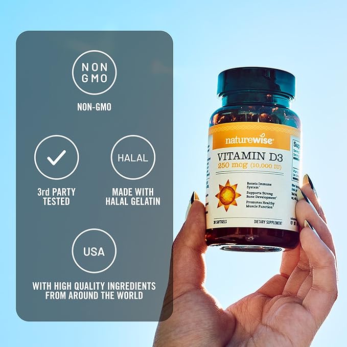 NatureWise Vitamin D3 10,000IU (250 mcg) Extra Strength for Healthy Muscle Function and Immune Support, Non-GMO, Gluten Free in Organic Extra Virgin Olive Oil, Softgel, 30 Count[1-Month Supply]