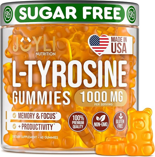 Joyli L Tyrosine Gummies 1000MG - L-Tyrosine Supplement for Kids & Adults - Calm & Focus Gummies for Brain, Memory, Mood, and Energy - 500mg L- Tyrosine Powder per Gummy - Vegan, Gluten-Free