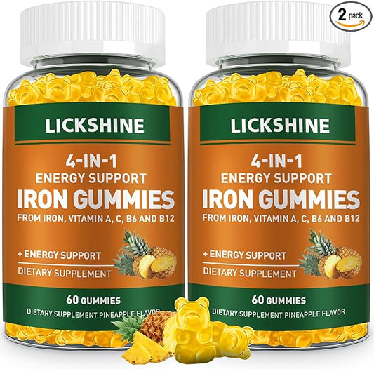 2 Pack Vegan 100MG Iron Supplement Gummies for Women & Men - with Vitamin C, A, B for Adults & Kids - Energy Support for Iron Deficiency, Anemia - Peach Flavor (120 Ct)