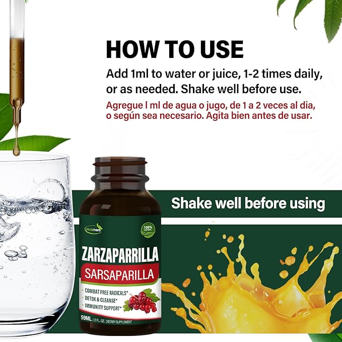 Sarsaparilla Root Extract Drops for Liver Cleanse Detox & Repair, Immune Support Supplement with Dandelion Cocolmeca Polypodium Leucotomos. Diente de Leon para Limpieza de Colon y Desintoxicar. 2oz