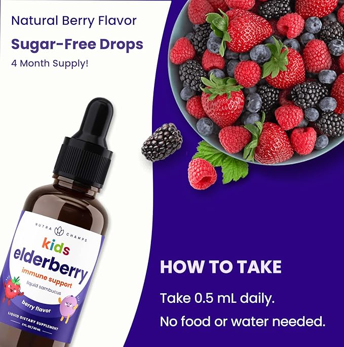 NutraChamps Black Elderberry for Kids Liquid Drops, 10:1 Extract Sambucus Elderberry Syrup for Kids, Sugar-Free European Elderberry Drops Berry Flavor, Immune Support, 4 Month Supply