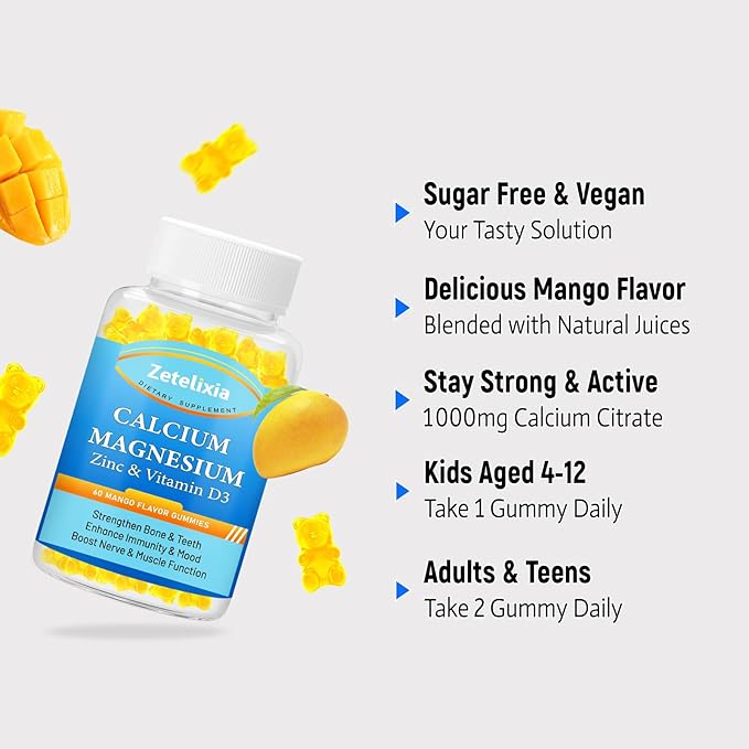 Calcium Magnesium Zinc Gummies for Adults & Kids,Sugar Free Calcium Citrate Supplement,High Absorption Magnesium Glycinate Gummies with Vitamin D3 & K2 - Bone & Muscle & Immune Health(60 Count)