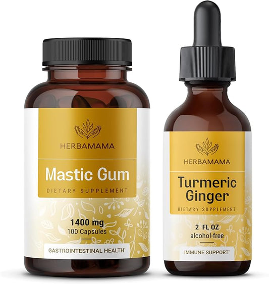 HERBAMAMA Mastic Gum and Turmeric Ginger Kit - Bundle of 1400 mg Mastic Gum Capsules & Turmeric Ginger Tincture 2 fl oz - Vegan, Non-GMO, Sugar & Alcohol-Free - 2 Pack
