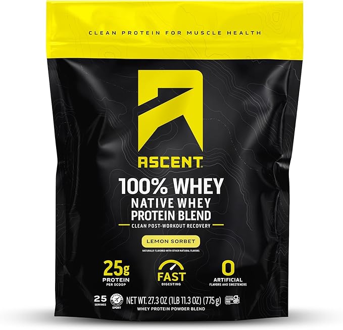 Ascent 100% Whey Protein Powder - Post Workout Whey Protein Isolate, Zero Artificial Flavors & Sweeteners, Gluten Free, 5.5g BCAA, 2.6g Leucine, Essential Amino Acids, Lemon Sorbet 1.7 lb