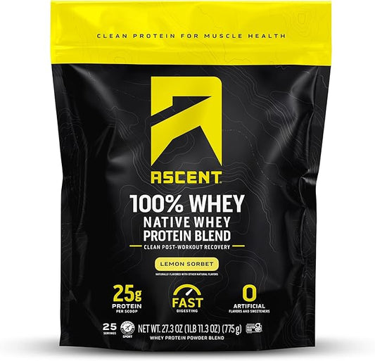 Ascent 100% Whey Protein Powder - Post Workout Whey Protein Isolate, Zero Artificial Flavors & Sweeteners, Gluten Free, 5.5g BCAA, 2.6g Leucine, Essential Amino Acids, Lemon Sorbet 1.7 lb