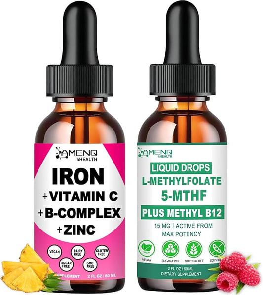 Methyl Folate Liquid Drops and Iron Drops for Women, Non GMO, Sugar Free