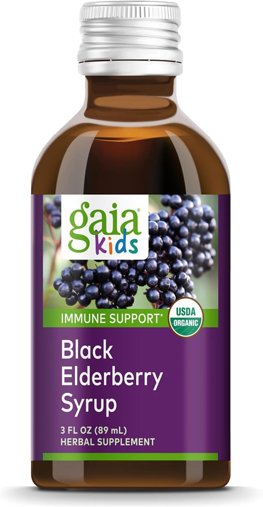 Gaia Herbs GaiaKids Black Elderberry Syrup - Delicious Immune Support Supplement for Kids - with Organic Black Elderberries and Honey - USDA Certified - 3 Fl Oz