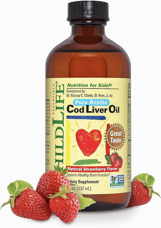 CHILDLIFE Essentials Cod Liver Oil for Kids - Liquid, Arctic Cod Liver Oil for Babies 6+ Months, Toddlers, & Children, Added DHA, EPA, Omega-3 Fatty Acids - Strawberry, 8 fl oz