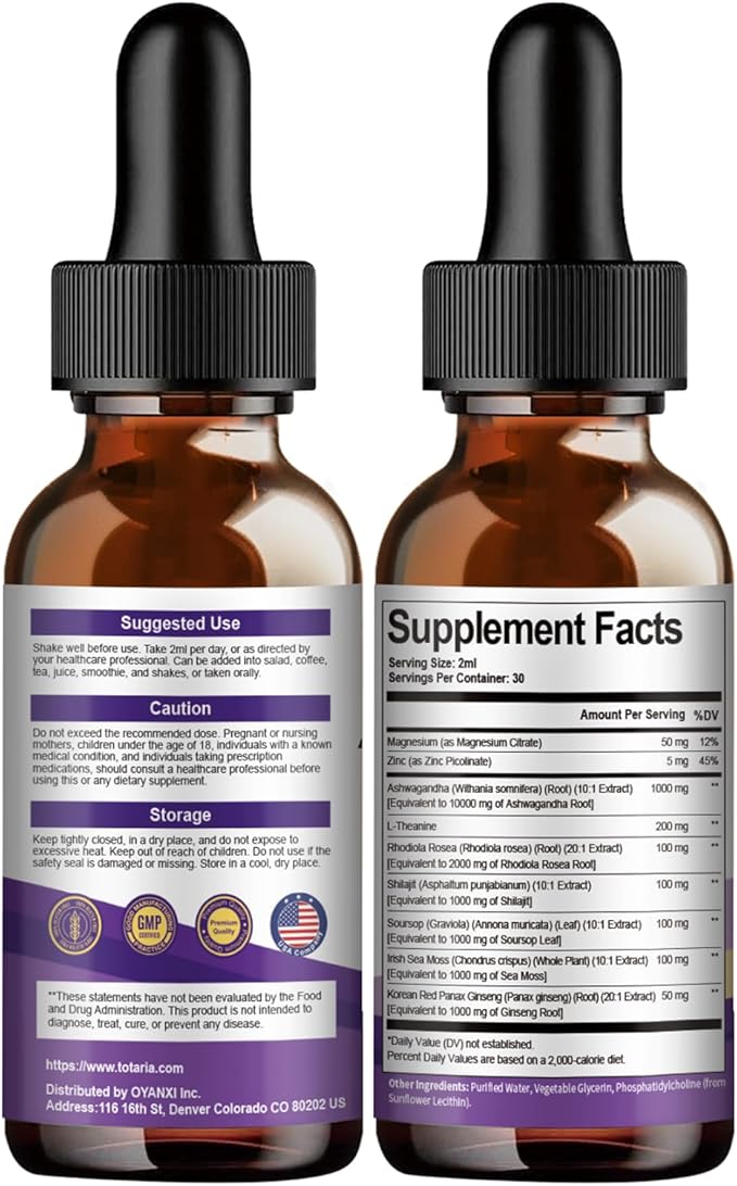 Liposomal Ashwagandha Liquid Drops (7% Withanolides) w/Soursop Bitters, L-Theanine, Magnesium, Shilajit, Maximum Absorption, Natural Energy, Cortisol Health for Women & Men, Non-GMO, 2 Fl Oz