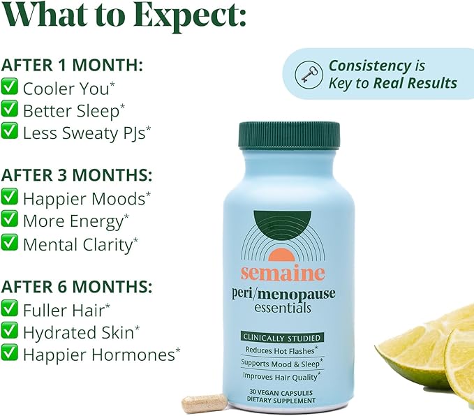 Semaine Peri/Menopause Essentials, 30 Ct. - Fuller Hair, No More Hot Flashes, Hormone Balance, Better Sleep & More - Clinically-Studied, Non-Hormonal Formula
