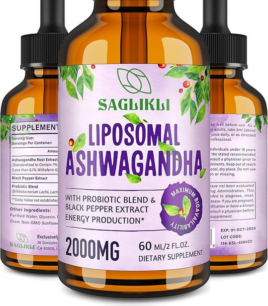 Liposomal Ashwagandha Liquid Drops 2000mg, Ashwagandha Root Extract Supplement (7% Withanolides) with Black Pepper Extract & Probiotics for Focus, Cognition & Energy - 2 FL.OZ (1 Bottle)