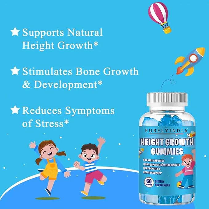 Height Growth Gummies for Kids & Teens – Enriched with Ashwagandha, Calcium, Vitamin D & K for Healthy Bone Development, Non-GMO, 60 Gummies, Ages 5+