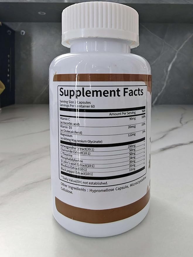 10-in-1 Cortisol Supplements with Magnesium, Ashwagandha, Chamomile, L-Theanine, Phosphatidylserine, St. John's Wort, Rhodiola, Vitamin C & D3, for Women Men, 240 Vegan Capsules for 4 Month, Non-GMO