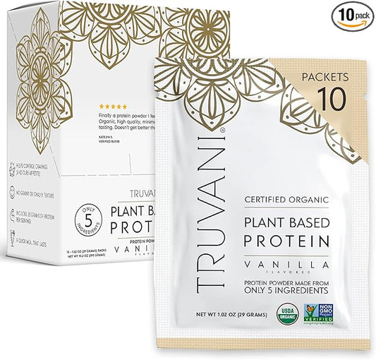 Truvani Vegan Pea Protein Powder | Vanilla | 20g Organic Plant Based Protein | 10 Travel Packets | Keto | Gluten & Dairy Free | Low Carb | No Added Sugar