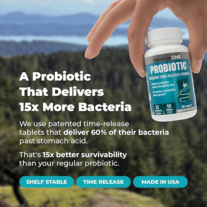 Balance ONE Probiotics for Women & Men – 15x Better Survivability vs Capsules – 15 Billion CFU Probiotic for Gut Health – 12 Strains Lactobacillus Plantarum, Acidophilus & Salivarius – 60 Tablets