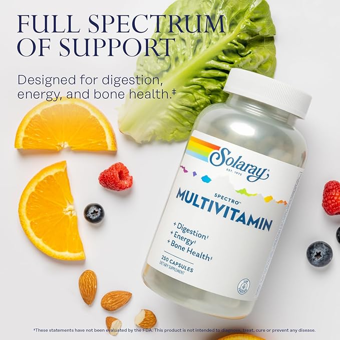 SOLARAY Spectro Multivitamin with Iron - Multi Vitamin with Calcium, Magnesium, Energizing Greens, Herbs & Digestive Enzymes - Digestion, Energy, and Bone Health Support (41 Serv, 250 CT)