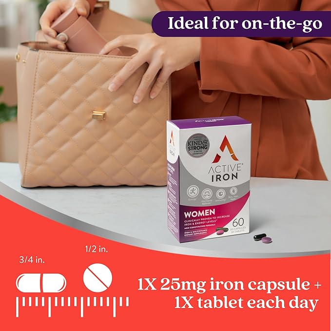 Active Iron Supplement for Women, Non-Constipating, 30 Active Iron Ferrous Sulphate Capsules with 30 Women's Multivitamin Tablets, Clinically Proven to Increase Iron & Energy Levels