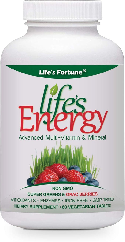 Life's Fortune Life's Energy Advanced Multi-Vitamin and Mineral Non-GMO - Super Greens - ORAC Berries - AntiOxidants - Enzymes - Iron Free - GMP Tested, 60 Veggie Tablets