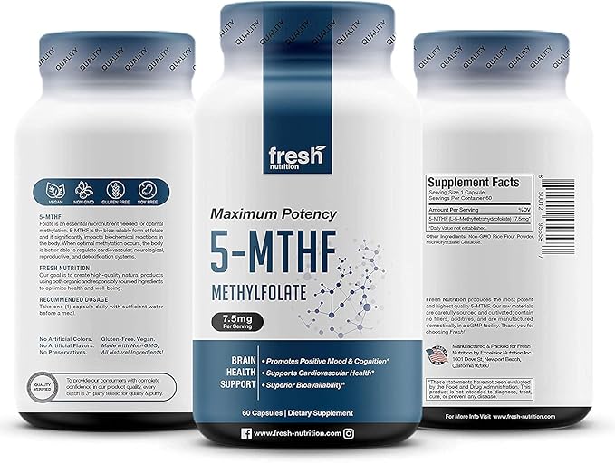 L Methylfolate 7.5mg – Maximum Potency – Superior Bioavailability – 5-MTHF Methyl Folate for Mood, Cognition, Immunity, Cardiovascular, Neurological, Reproductive Health - 60 Capsules