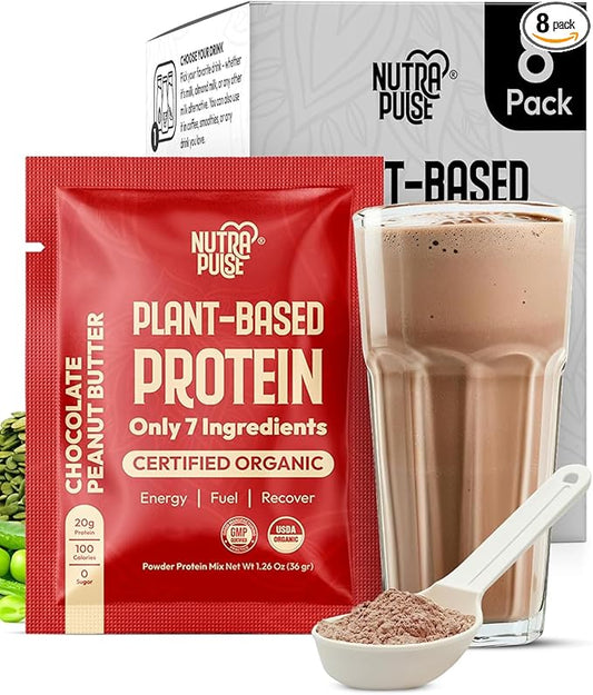 Organic Vegan Protein Powder Sample Pack - Plant-Based Protein, Gluten-Free, Non GMO, 20g Protein Per Serving, Great for Smoothies & Shakes (Chocolate Peanut Butter, Pack of 8)