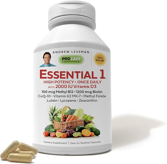 ANDREW LESSMAN Essential-1 Multivitamin 2000 IU Vitamin D3 180 Small Capsules - 100 mcg Methyl B12. CoQ10 Lutein Lycopene Zeaxanthin. High Potency. No Additives. Ultra-Mild. One Daily Capsule