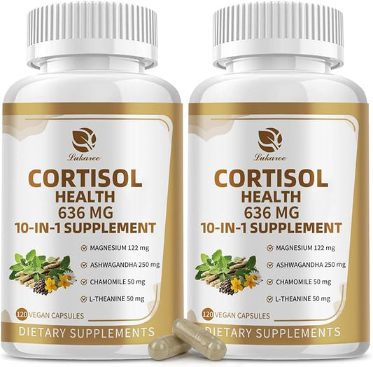 10-in-1 Cortisol Supplements with Magnesium, Ashwagandha, Chamomile, L-Theanine, Phosphatidylserine, St. John's Wort, Rhodiola, Vitamin C & D3, for Women Men, 240 Vegan Capsules for 4 Month, Non-GMO