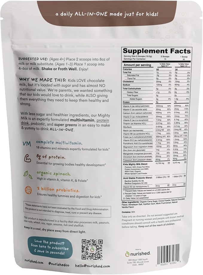Mighty Chocolate Milk - Kids Daily Protein Powder Boosted with 2 Billion Probiotics and Organic Spinach Leaves - Natural Flavors Colors and Sweeteners - 15-30 Servings