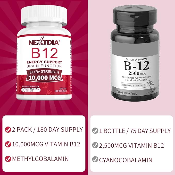 B12 Vitamins 10,000 mcg, Methylated Vitamin B12 Sublingual - Energy Boost, Focus, Metabolism & Brain Health Support, Immune System Support, Fast Dissolve, Natural Strawberry Flavor, 270 Servings