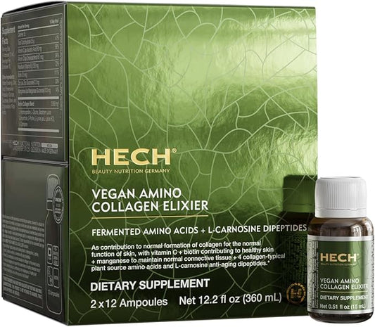 HECH® Vegan Amino Collagen Elixir | Vitamin C & D | Biotin | Zinc | High-dose | Vitamins and Minerals | 100% Plant-Based | Supports Collagen Formation in The Body | Content: 24 ampoules