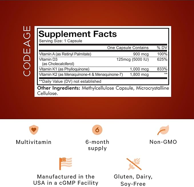 Codeage ADK Vitamins Supplement - Essential Vitamin A, Vitamin D3 5000 IU, Vitamin K1 & K2 (MK4 & MK7) - 6-Month Supply - A D K Vitamins, 1 Capsule per Serving, Non-GMO, Gluten-Free - 180 Capsules