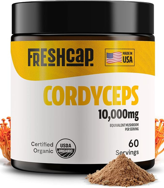 FreshCap Cordyceps Mushroom Powder 10,000mg - Cordyceps Powder, Cordyceps Mushroom Supplement Powder, Mushroom Extract Immunity Supplement, Ayurveda Nootropic Mushroom Supplements (60 Servings)