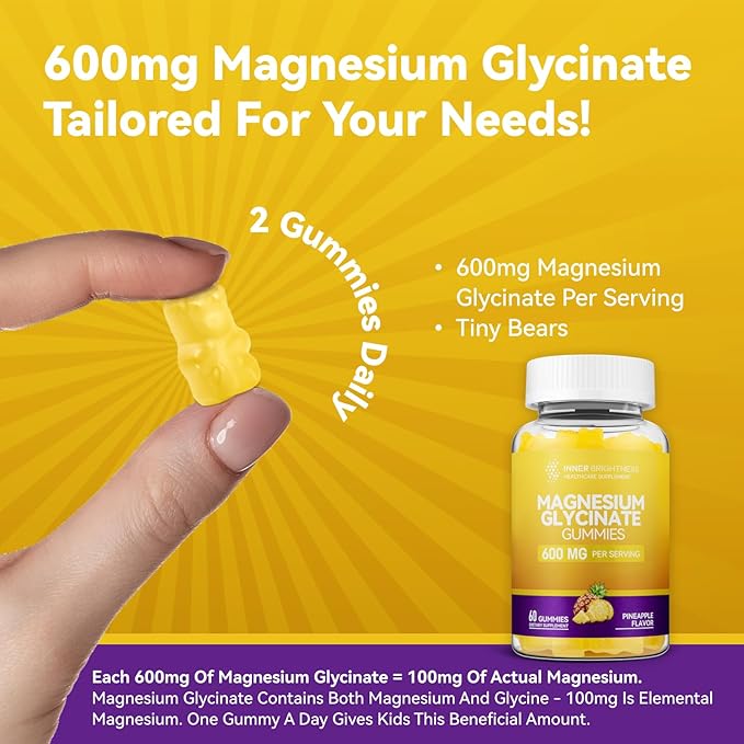 Magnesium Glycinate Gummies 600mg, Non-GMO, Gluten-Free, Magnesium Gummies for Adults & Kids, Sleep, Relaxation & Focus, Pineapple Flavor, 60 Count