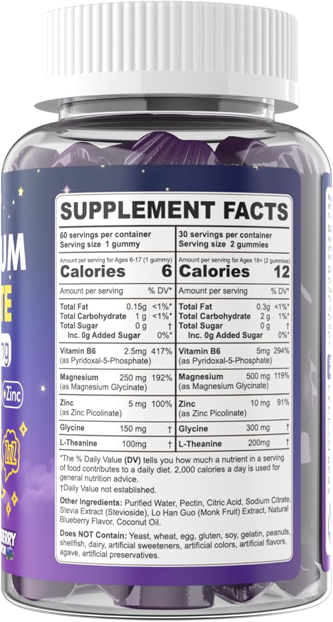 Magnesium Glycinate Gummies 500mg for Adults Kids Teens - Sugar Free Magnesium Calm Sleep Aid Gummies with L-Theanine, B6, Zinc, Glycine for Sleep, Calm, Relax Brain & Muscle Support, No Melatonin