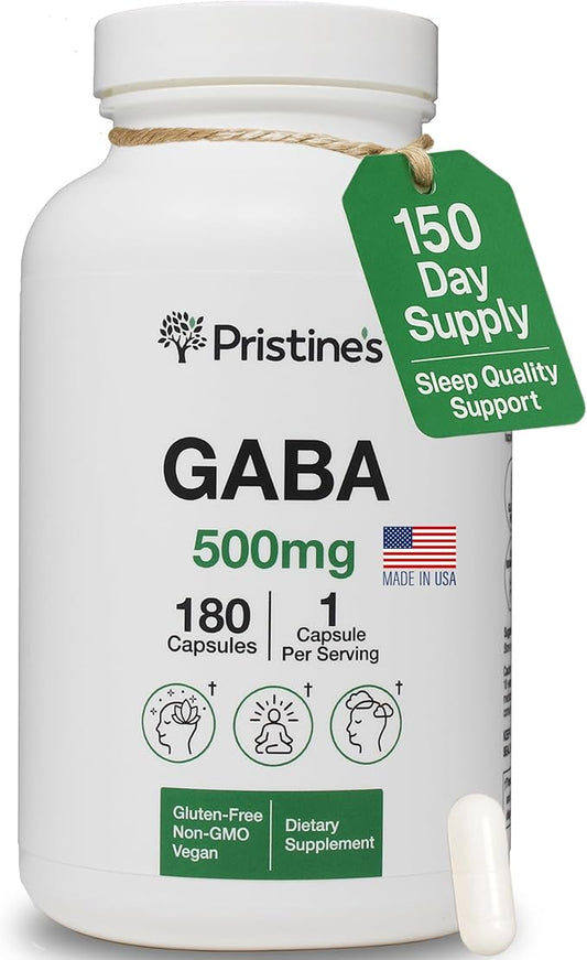 PRISTINE'S GABA 500mg Sleep Quality Support Supplement - 180 Day Supply - Calm Mind & Relaxation Sleep Support Capsules