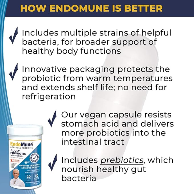Endomune Advanced Adult Multi-Strain Probiotic Supplement with Prebiotic | 10 Strains, 30 Billion CFU | Physician Formulated (60-Count)