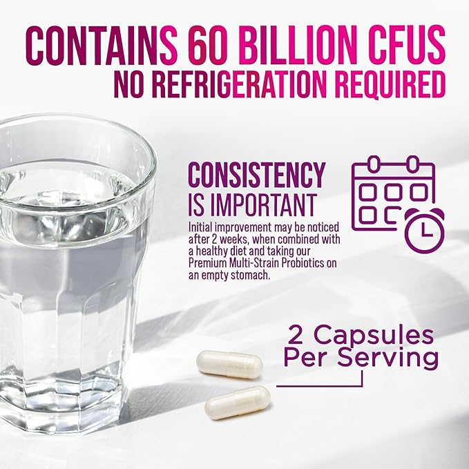 Probiotics 60 Billion CFU per Serving - 10 Strains + Prebiotics - Immune, Digestive & Gut Health Support, Supports Occasional Constipation, Gas & Bloating for Women & Men, Shelf Stable - 180 Capsules