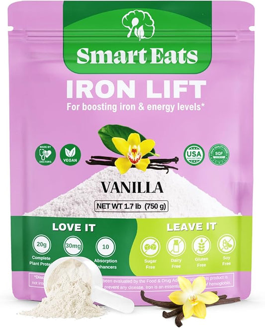 Smart Eats - High Iron Drink & Smoothie Powder with Protein, Vitamins, Fiber, Antioxidants | Support Energy, Hair, Brain, Blood | Gentle, Non-Constipating | Vegan, Keto | Vanilla Flavor | 30 Scoops