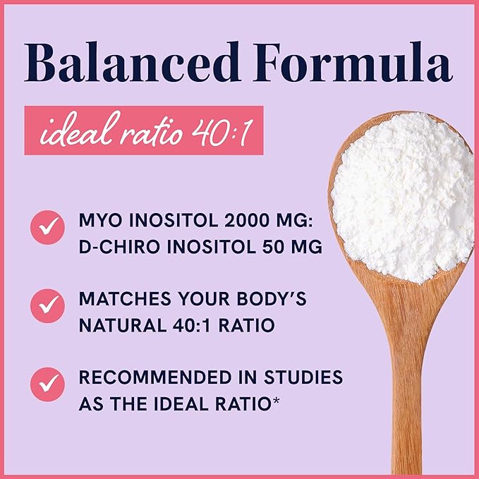 Myo-Inositol & D-Chiro Inositol Powder | Hormone Balance for Women | Ideal 40:1 Ratio | Myo 2000mg, D Chiro 50mg | Regulate Menstrual Cycle and Support Ovarian Health | 60 Servings, 4.34 oz.