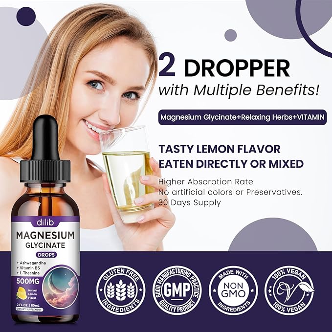 Magnesium Glycinate Supplement, Magnesium Liquid Drops with Magnesium Glycinate 500mg Vitamin B6, Ashwagandha, L - Theanine, Chamomile -Support Stress Relief, Bone, Muscle, Mood Vegan