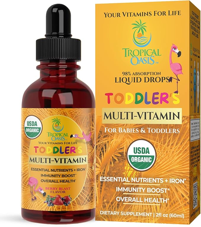 USDA Organic Kids Multivitamin with Iron for Toddlers | Organic Liquid Multivitamin Multimineral Drops for Kids Ages 1-3 | Immune Support for Toddlers | Sugar Free | Vegan | Non-GMO | 2 Fl Oz