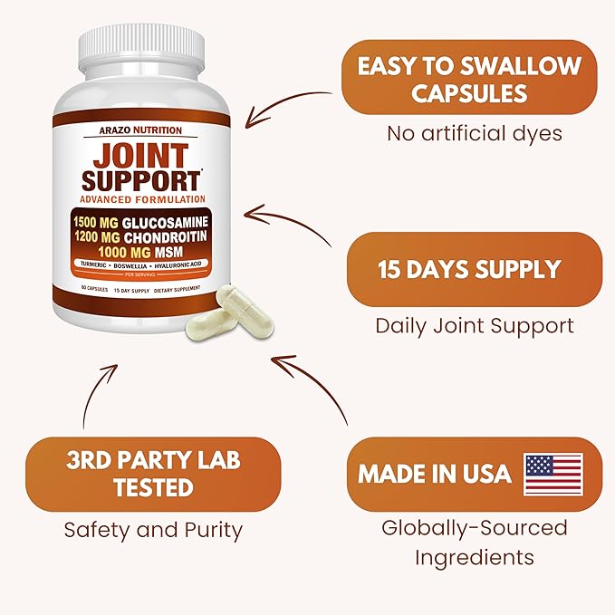 Arazo Nutrition Glucosamine Chondroitin Turmeric Msm Boswellia - Joint Support Supplement for Relief 60 Capsules for Bones, Back, Knees, Hands (60 Capsules)